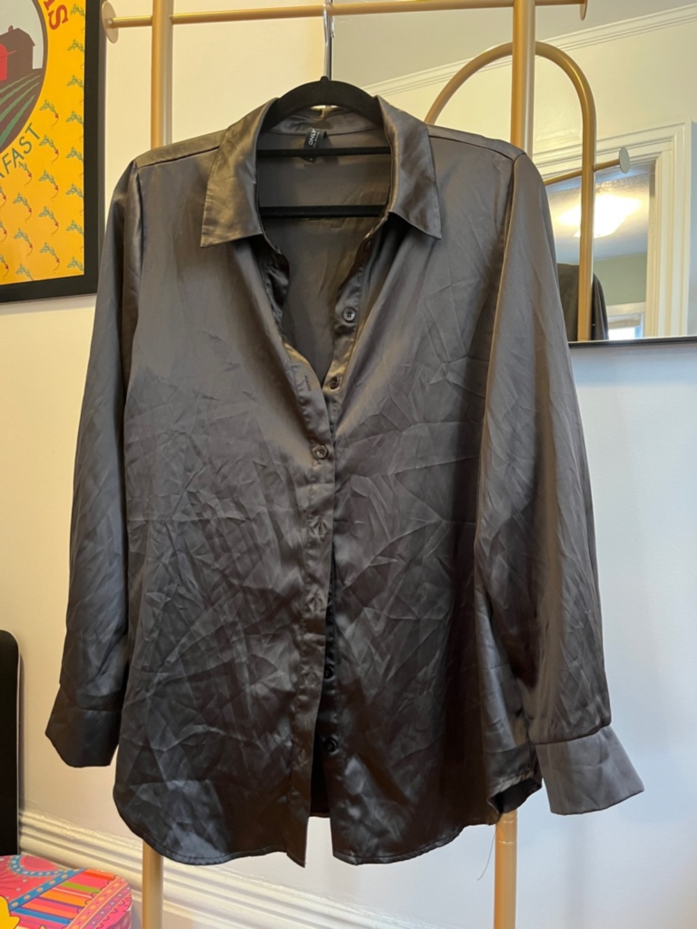 Only Espresso Brown Satin Button Down Blouse